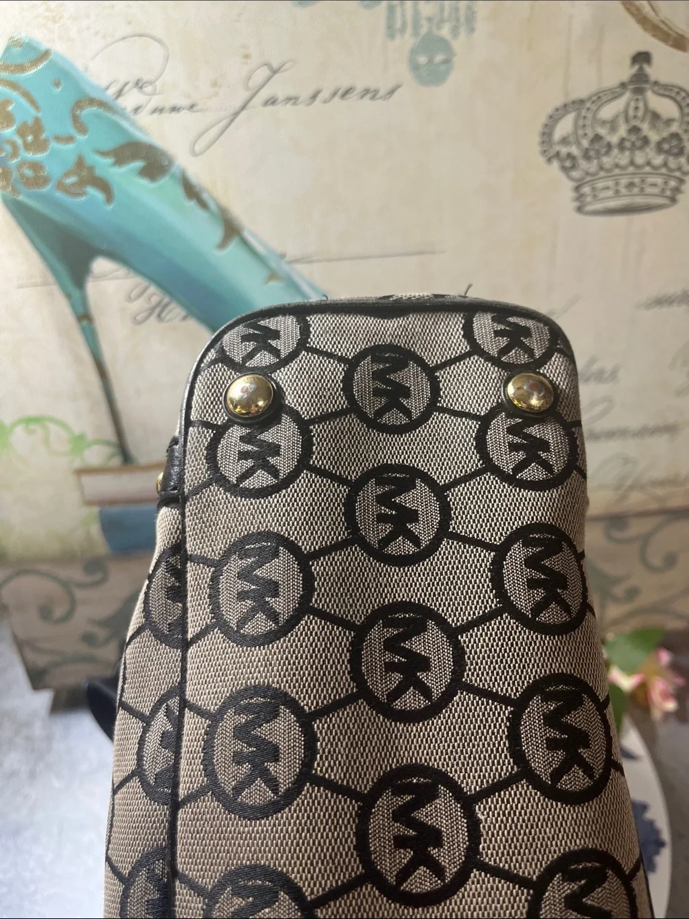 Michael Kors Brown and Black MK Logo Studded Tote